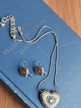 Heart Pendant Necklace and Earrings Set in Antique Gold/Silver-Tone